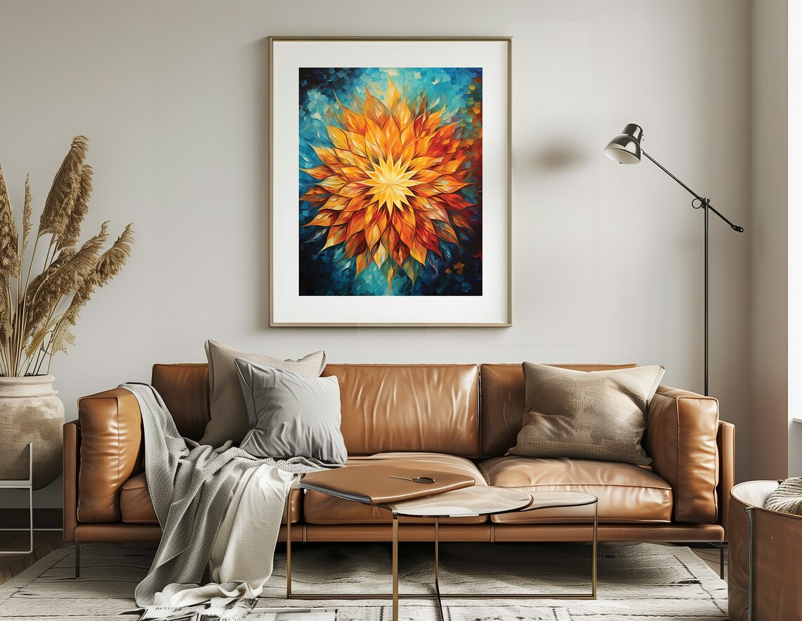 Fiery Sunburst Dahlia Flower Mosaic Abstract Colorful Art Poster - Image 4