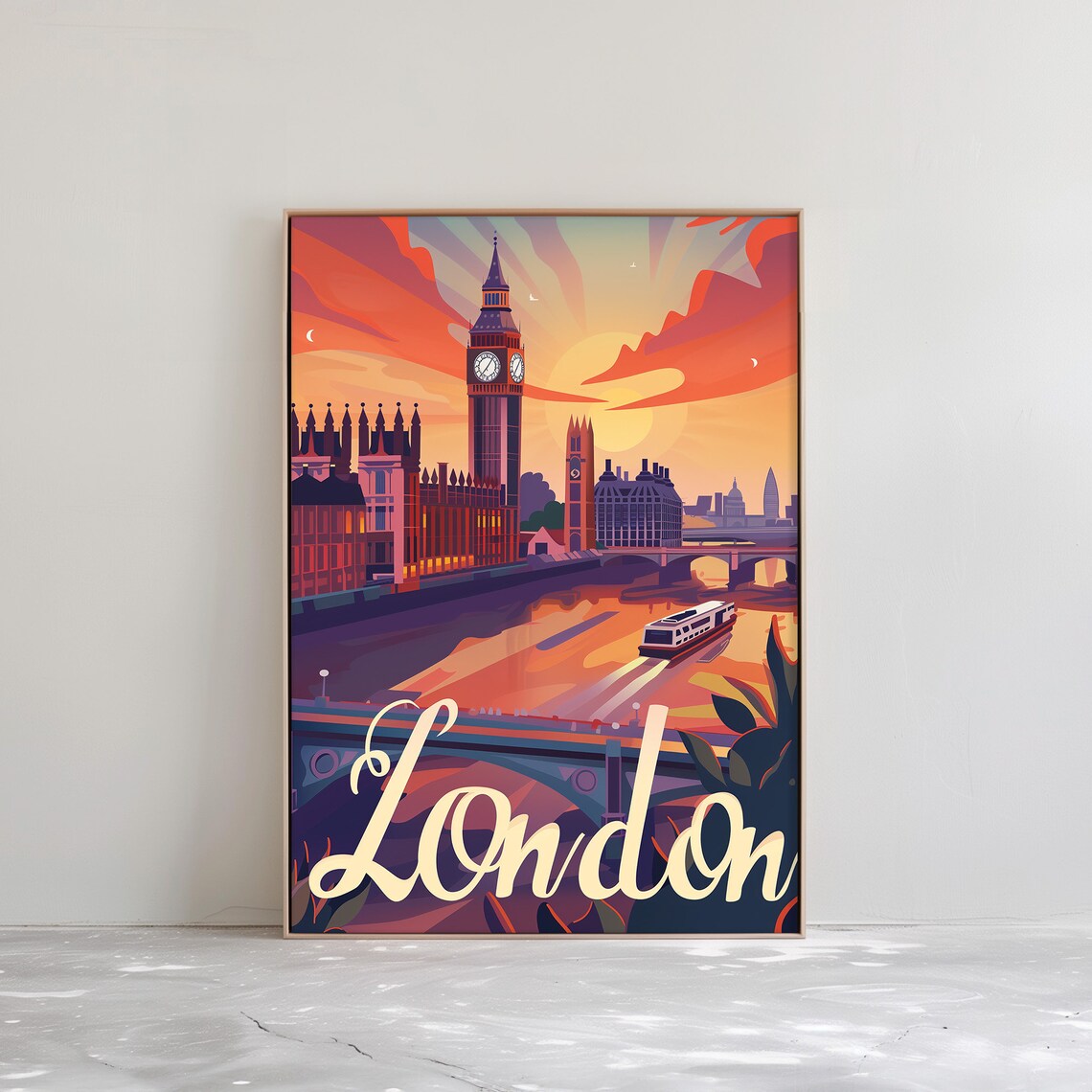 London Sunset Thames Big Ben River Boat Retro Travel Art Poster
