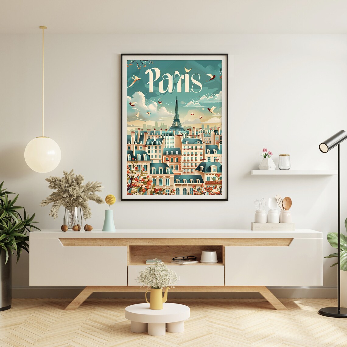 Paris France Eiffel Tower Rooftops Birds Vintage Day Travel Poster - Image 3