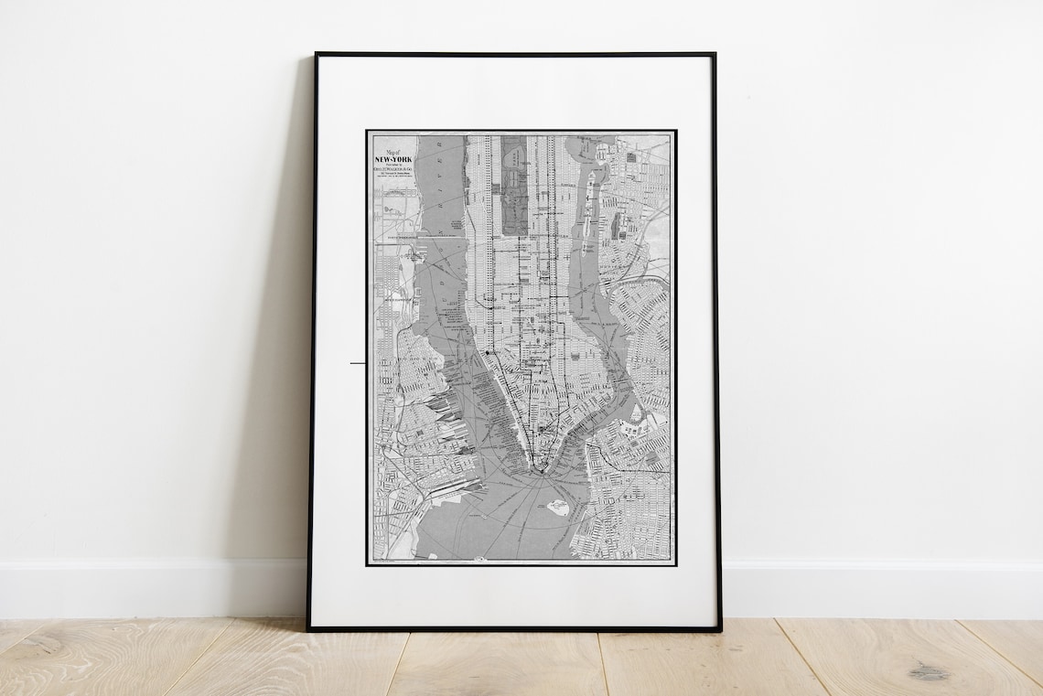 Vintage Black and White New York City Manhattan Street Map Poster