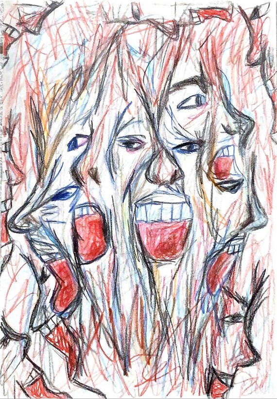 Expressive Screaming Faces Raw Crayon Sketch Abstract Emotion Art Poster