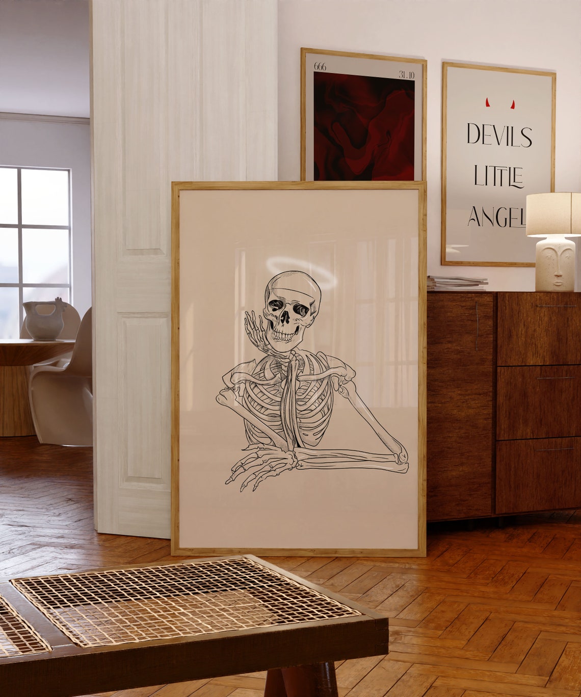 Angel Skeleton Halo Line Art Spooky Minimalist Halloween Poster - Image 3