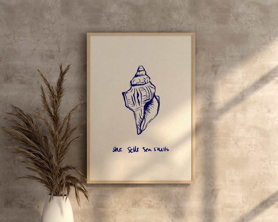 She Sells Sea Shells Navy Conch Shell Line Art Coastal Poster - Image 2