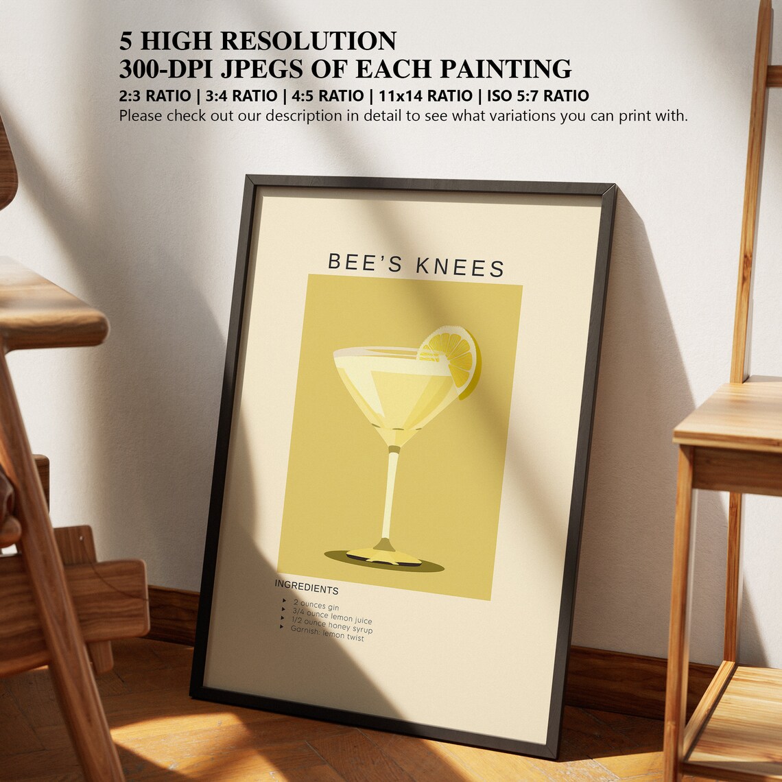 Bee's Knees Gin Honey Cocktail Recipe Retro Martini Glass Poster - Image 2