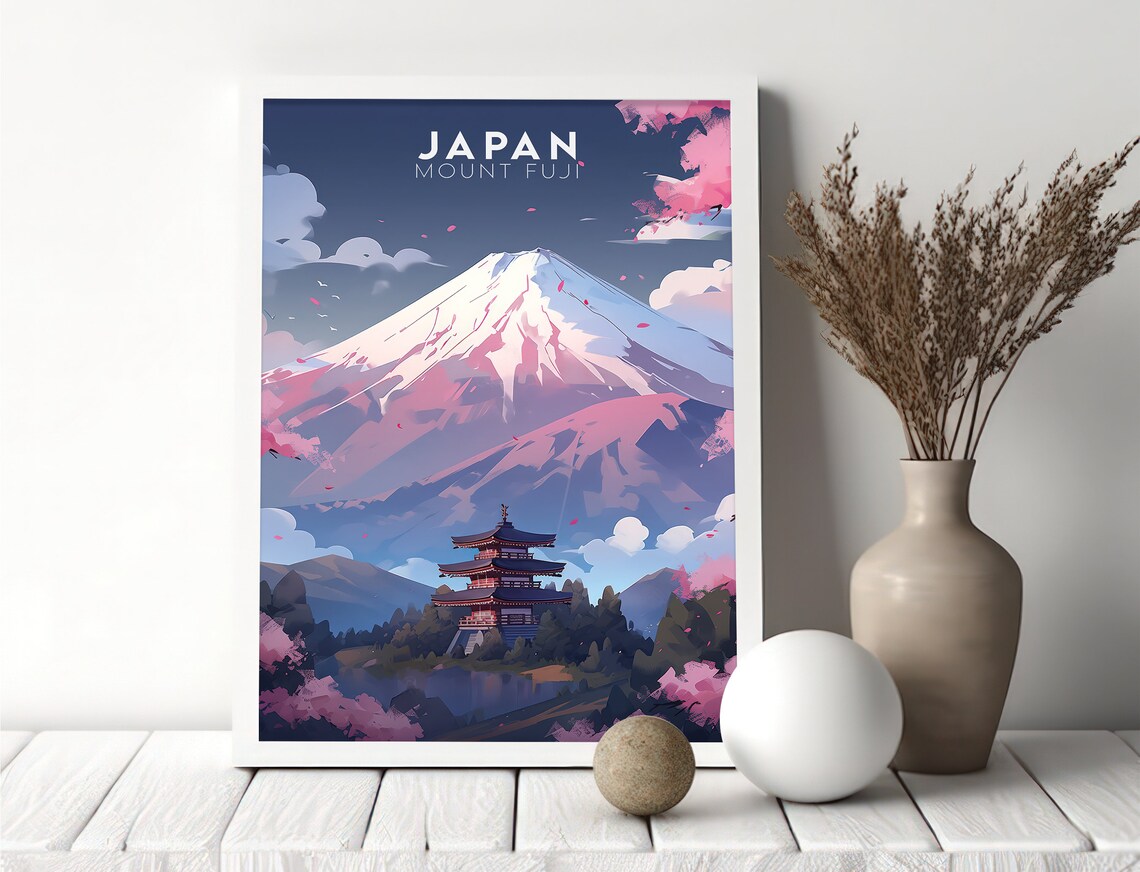 Mount Fuji Japan Cherry Blossom Pagoda Vintage Travel Poster Art - Image 3