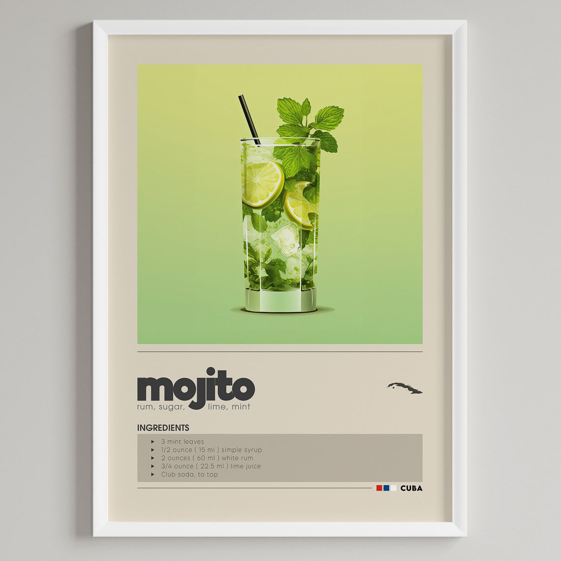Mojito Cuban Rum Mint Lime Cocktail Recipe Vintage Bar Poster