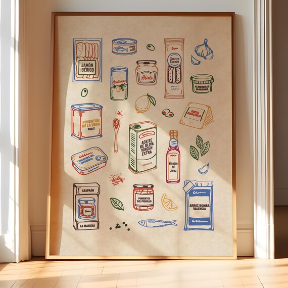 Spain Kitchen Printable Wall Art Mediterranean Pantry Illustration Spanish Food Poster Modern Vintage Decor