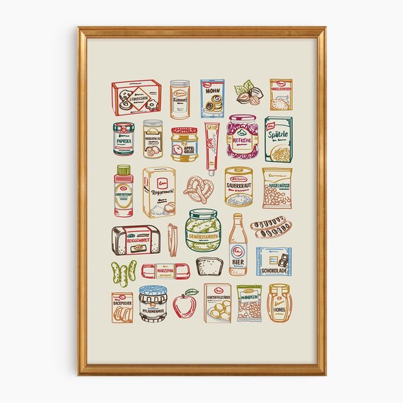 German Pantry Print Kitchen Wall Art Food Illustration Poster Decor Housewarming Gift