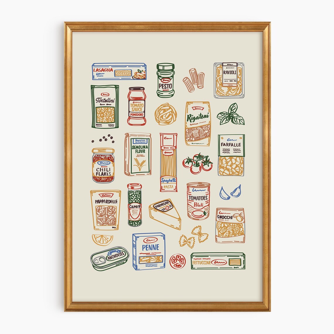 Italian Pasta Pantry Ingredients Chart Spaghetti Penne Illustrated Kitchen Wall Art