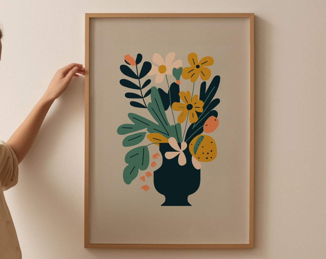 Mid Century Modern Floral Still Life Vase Botanical Art Print