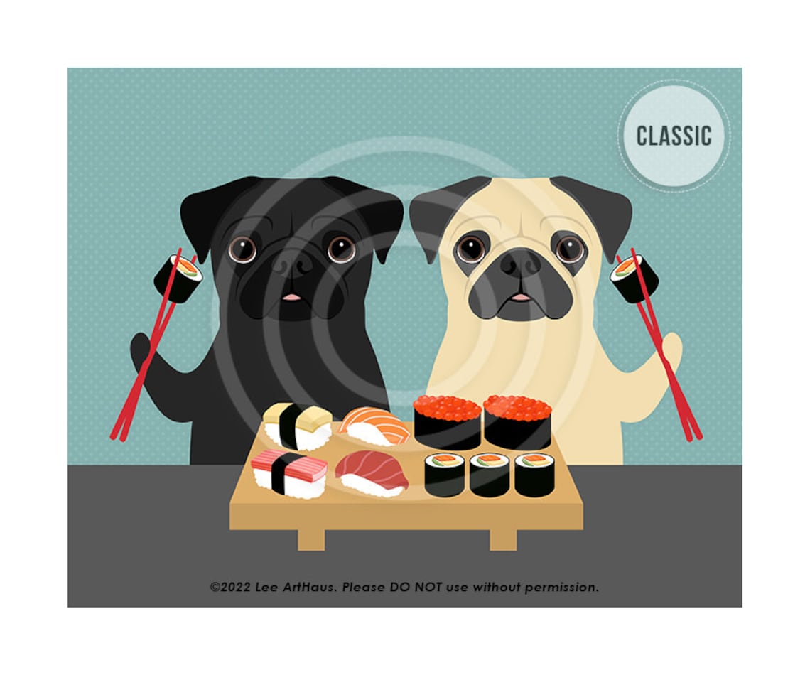 Two Pugs Eating Sushi With Chopsticks Cute Cartoon Dog Art Poster