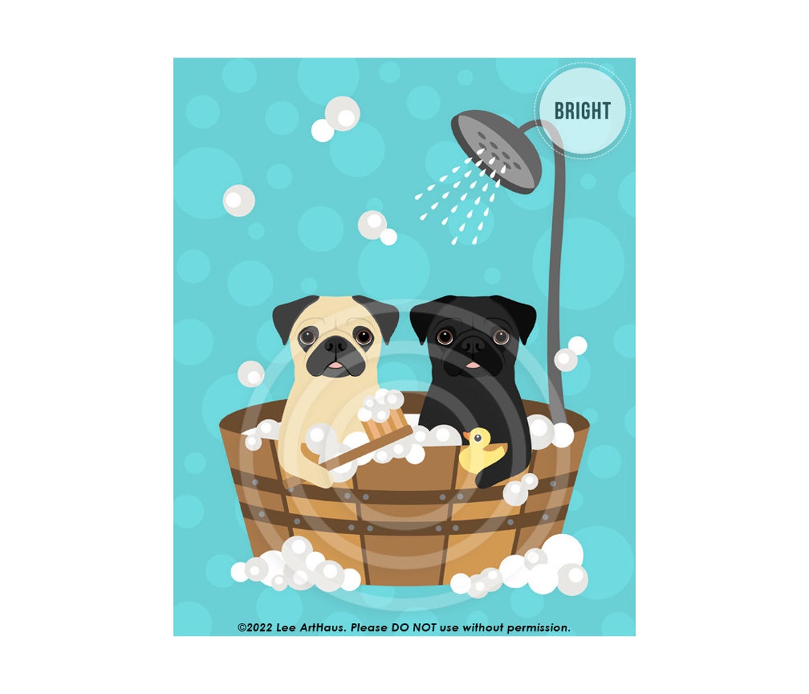Two Pugs in Wooden Bucket Bubble Bath Shower Cute Funny Dog Art Poster
