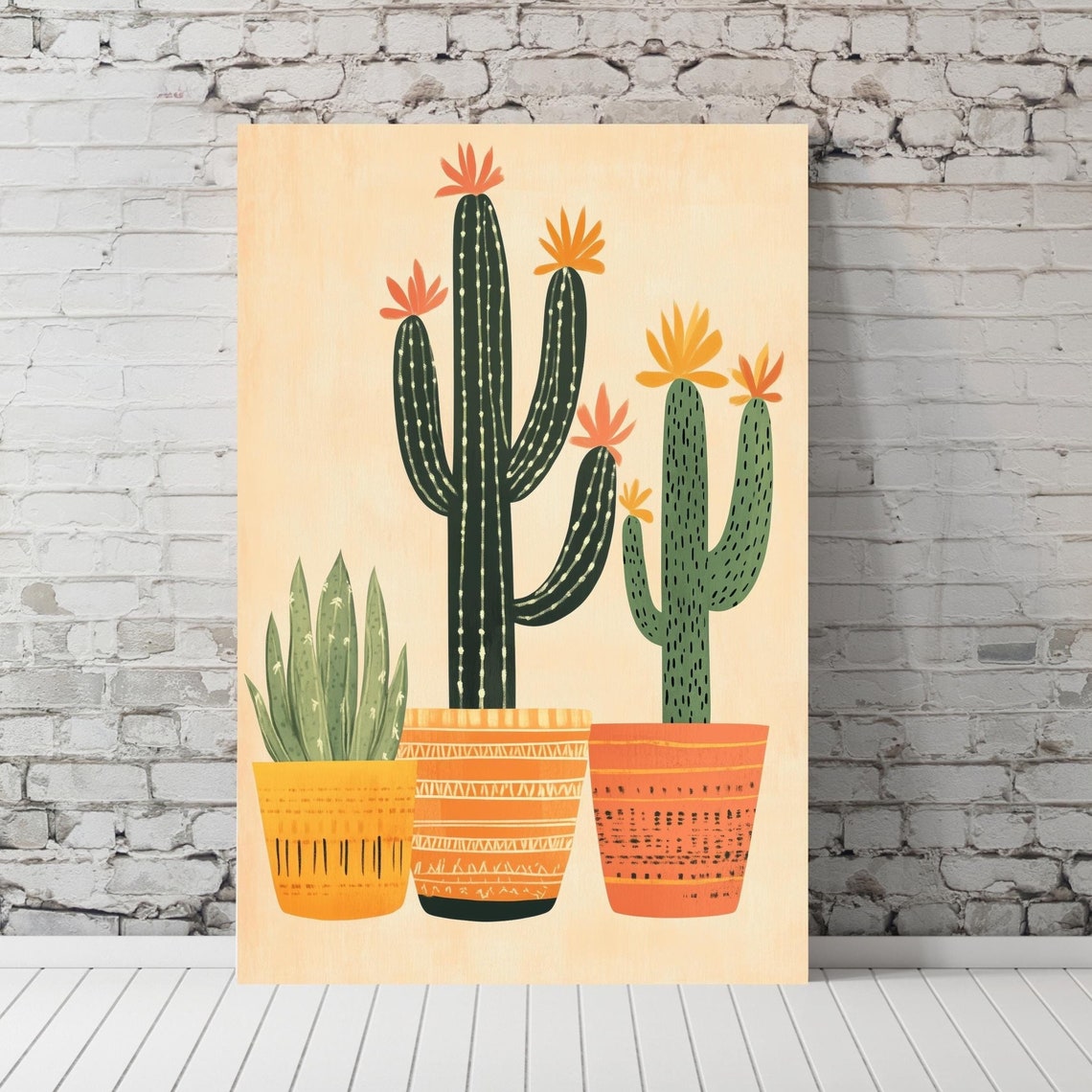 Boho Saguaro Cactus In Patterned Pots Southwestern Art Poster