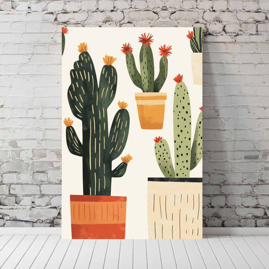 Whimsical Flowering Potted Cacti In Terracotta Pot Art Poster