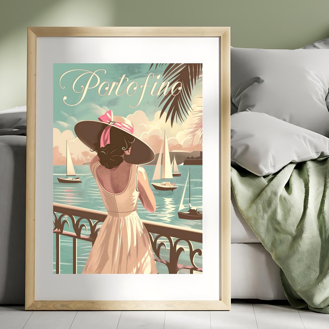 Portofino Harbor Sailboats Lady Sunhat Vintage Travel Poster