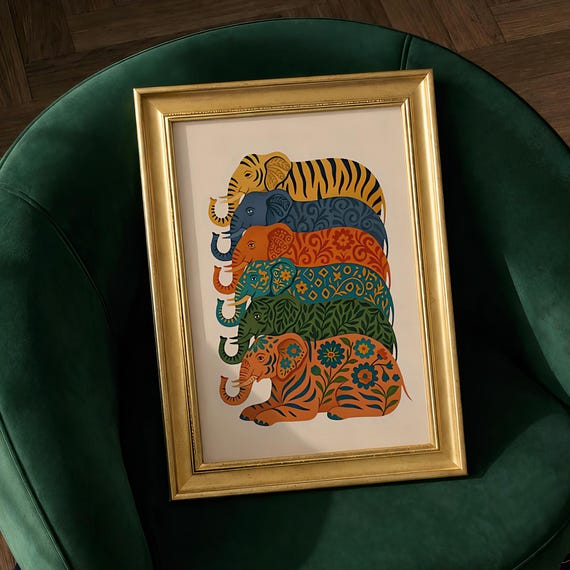 Boho Elephant Wall Art Print Colorful Maximalist Animal Poster Eclectic Pattern Illustration Vintage Dopamine Decor