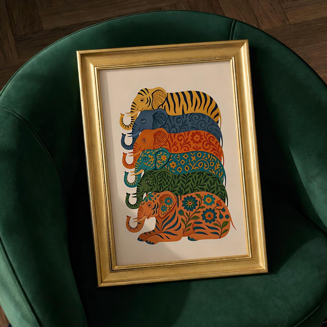 Six Patterned Elephants Tower Stacked Boho Safari Wall Poster