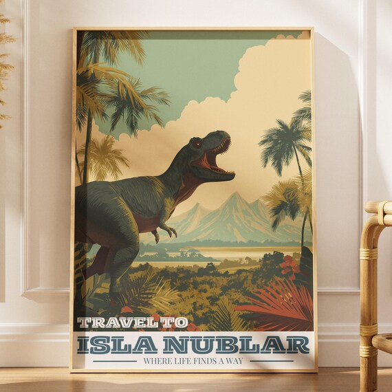 Retro Trex Volcano Island Travel Poster Prehistoric Dinosaur Wall Art