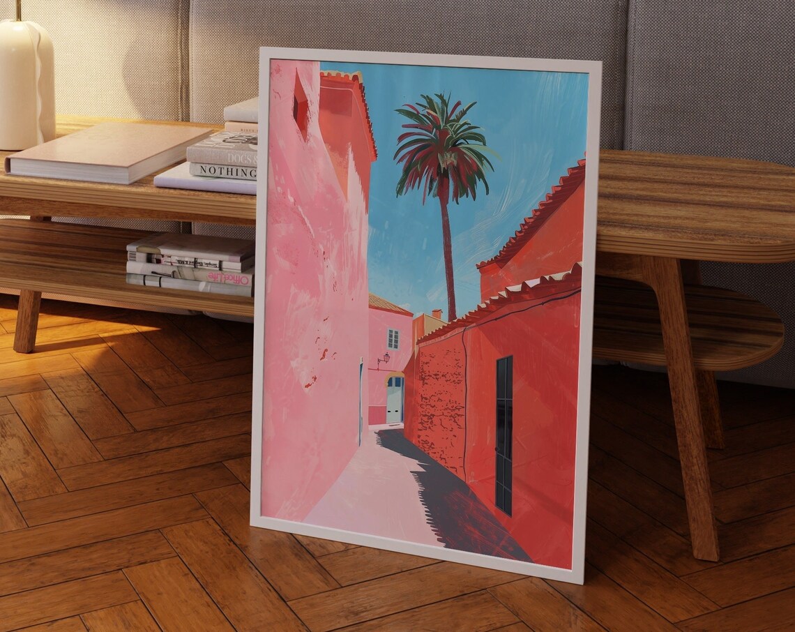 Pink Mediterranean Street Poster with Palm Trees and Blue Sky