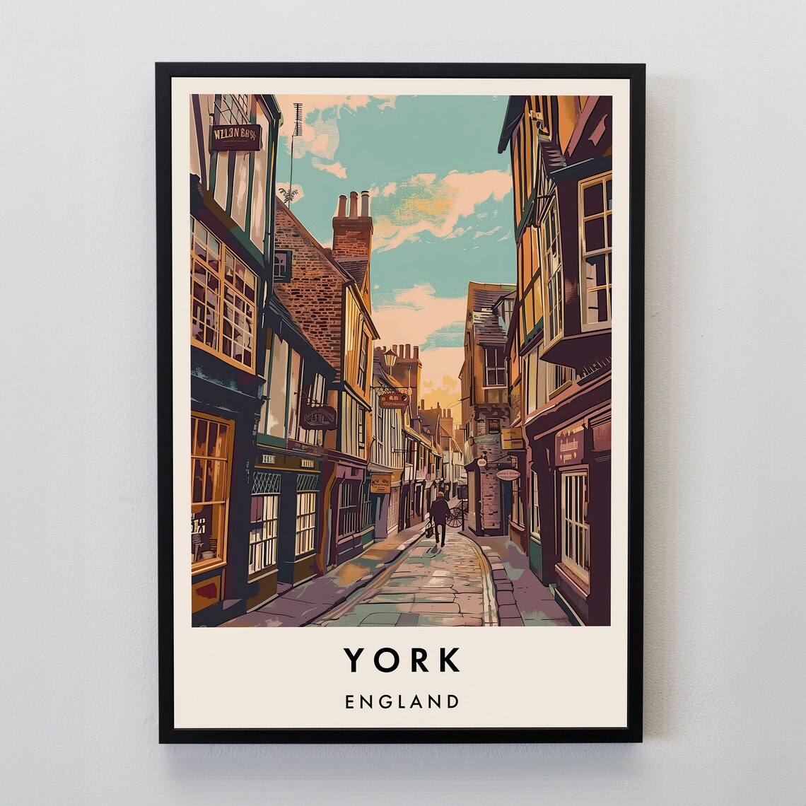 York England Historic Medieval Cobbled Street Vintage Travel Poster