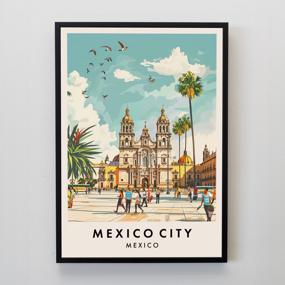 Mexico City Metropolitan Cathedral Plaza Palms Crowds Travel Poster