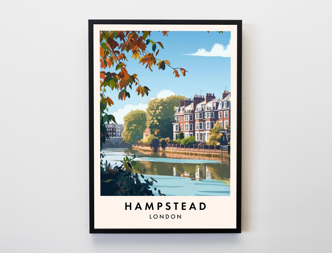 Hampstead London Riverside Townhouses Autumn Leaves Travel Poster