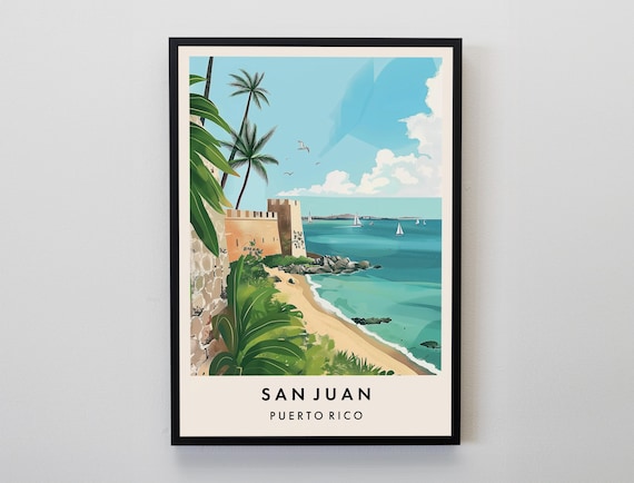 San Juan Puerto Rico Travel Poster With Coastal Fort Beach View