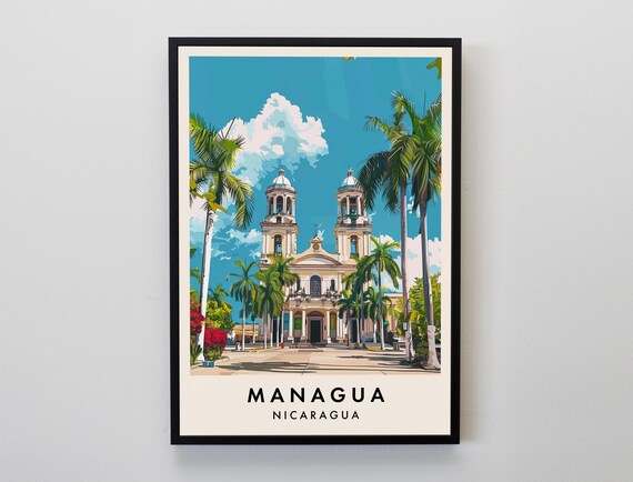 Managua Nicaragua Twin Dome Cathedral Palm Plaza Travel Poster