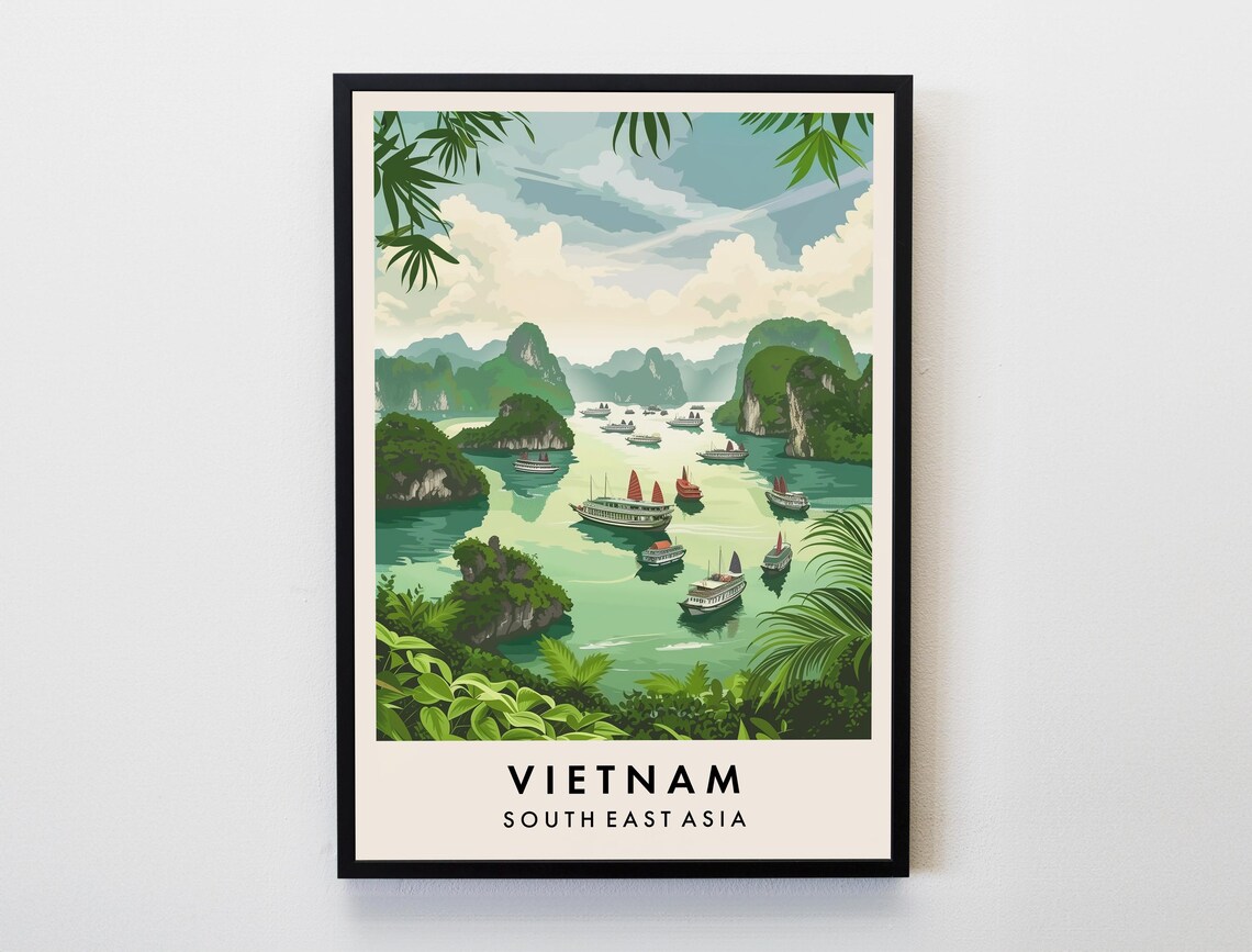 Vietnam Ha Long Bay Limestone Islands Boats Vintage Travel Poster