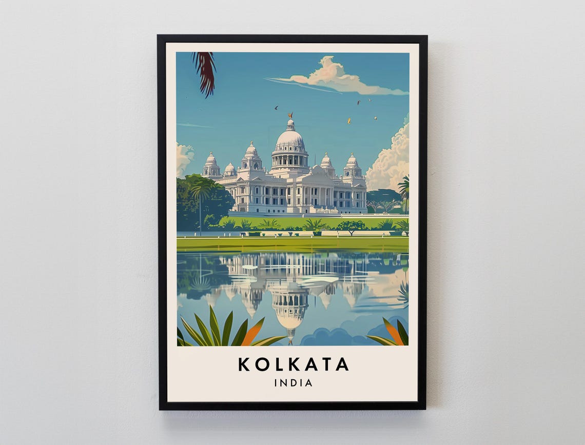 Kolkata India Victoria Memorial Lake Reflection Travel Poster