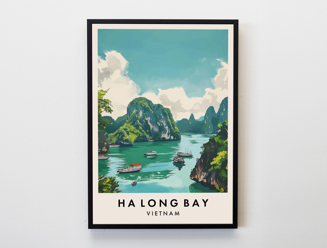 Ha Long Bay Vietnam Limestone Islands Boat Retro Travel Poster