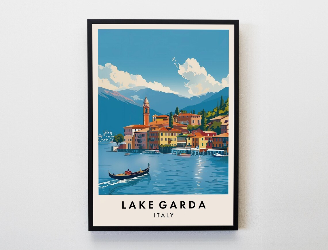 Lake Garda Italy Vintage Travel Poster Gondola on Sunlit Alpine Lake