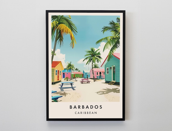 Barbados Caribbean Colorful Beach Cottages and Palm Trees Poster