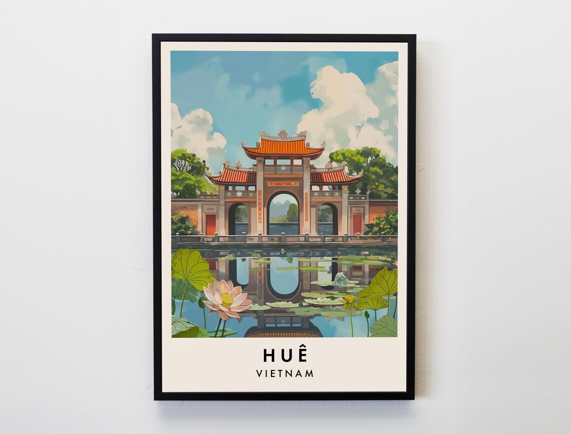 Hue Vietnam Travel Poster Imperial Gate Lotus Pond Ancient Capital Art
