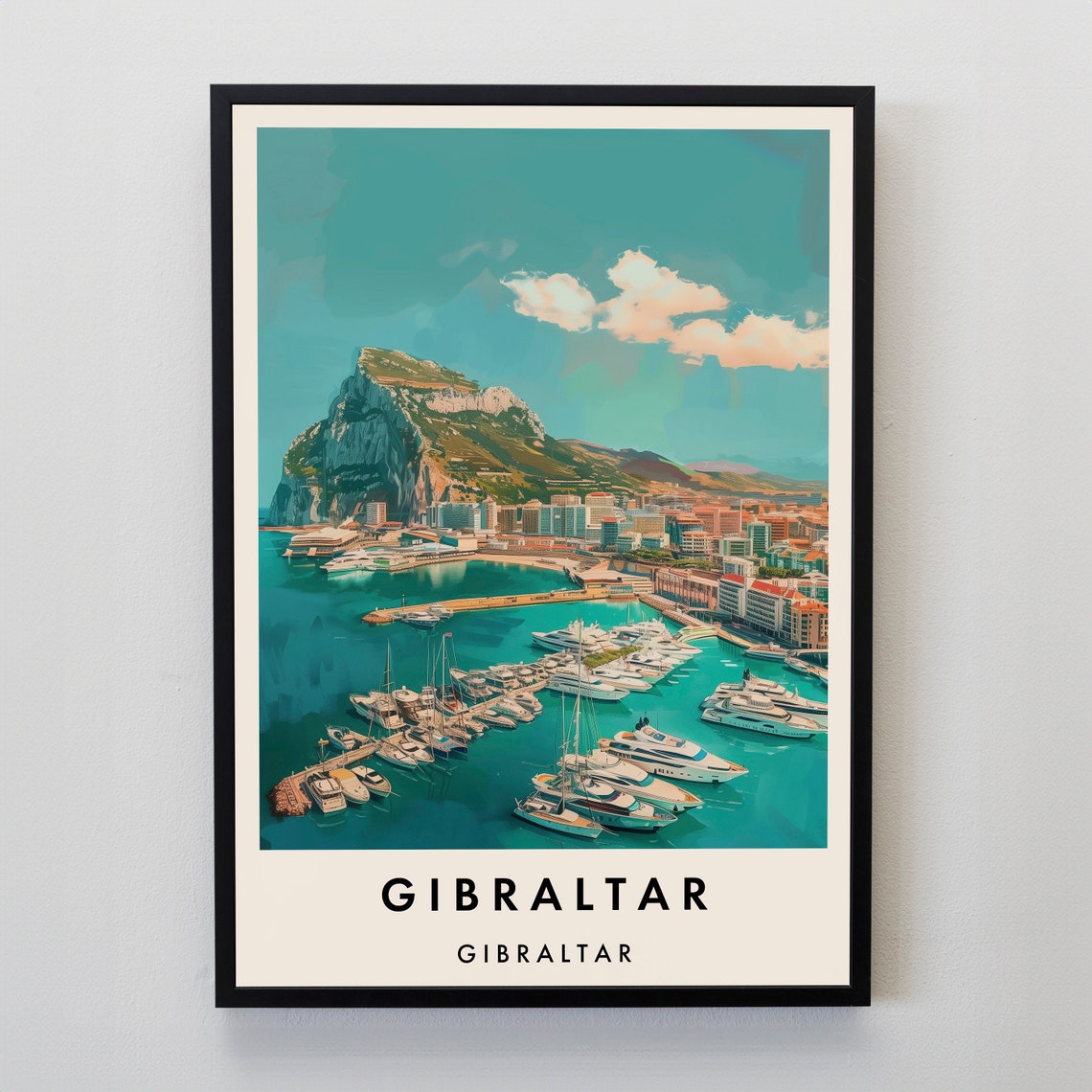 Gibraltar Vintage Travel Poster Rock Marina Harbor Yacht View