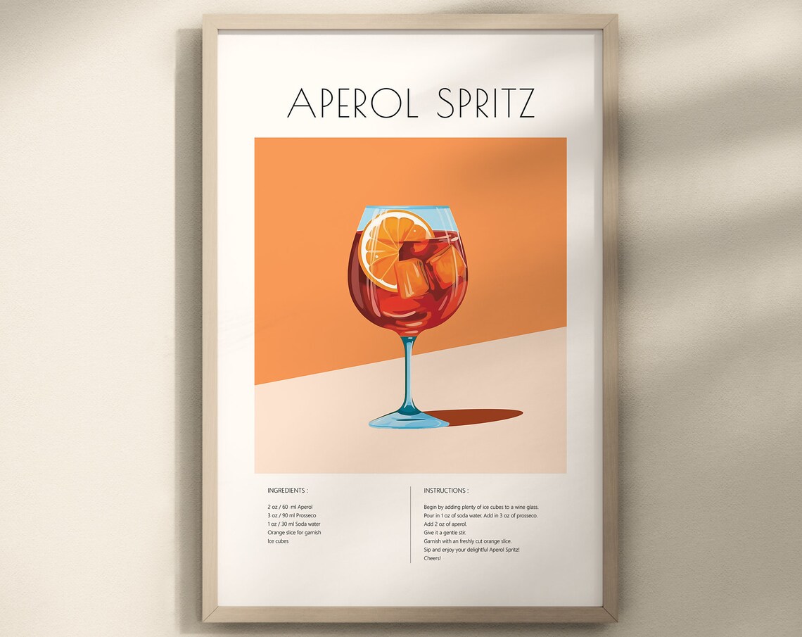 Aperol Spritz Retro Cocktail Poster, Kitchen Bar Art