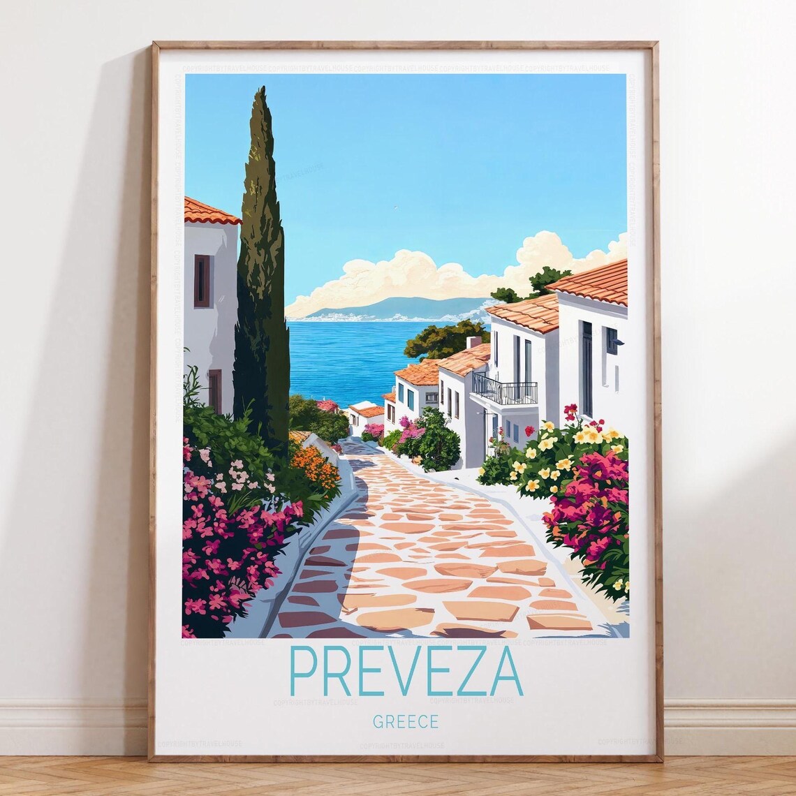 Preveza Greece Cypress Lane Seaside Village Sunset Travel Poster