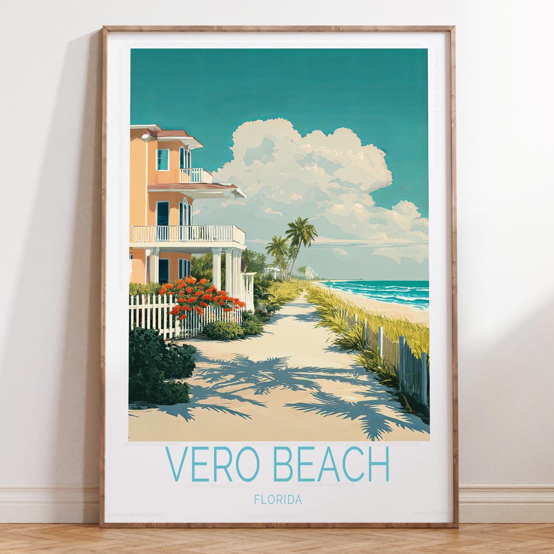 Vero Beach Florida Beach House Boardwalk Retro Minimal Travel Poster