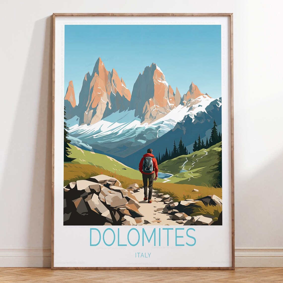 Dolomites Italy Red Jacket Hiker Mountain Trail Travel Poster
