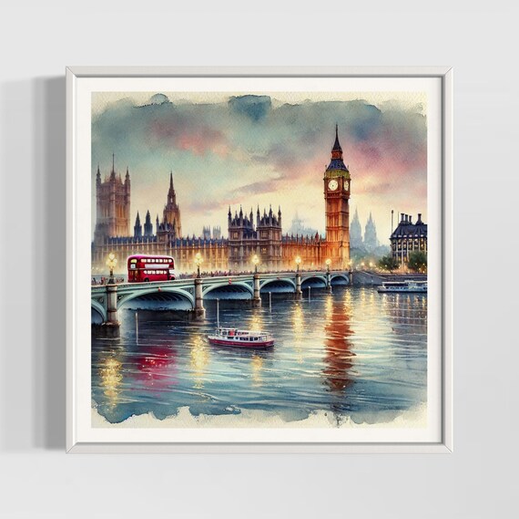 London Big Ben Westminster Watercolor Cityscape Travel Poster