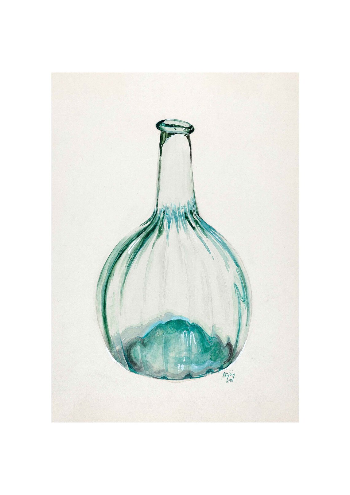 Aqua Glass Blown Bottle Watercolor Still Life Kitchen Poster