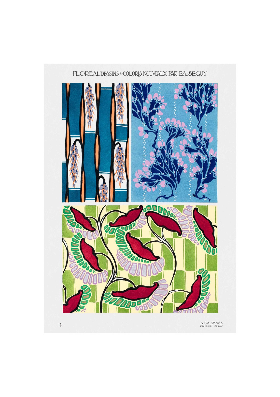 E A Seguy Floreal Plate 16 Bamboo Wisteria Red Bloom Pattern Poster