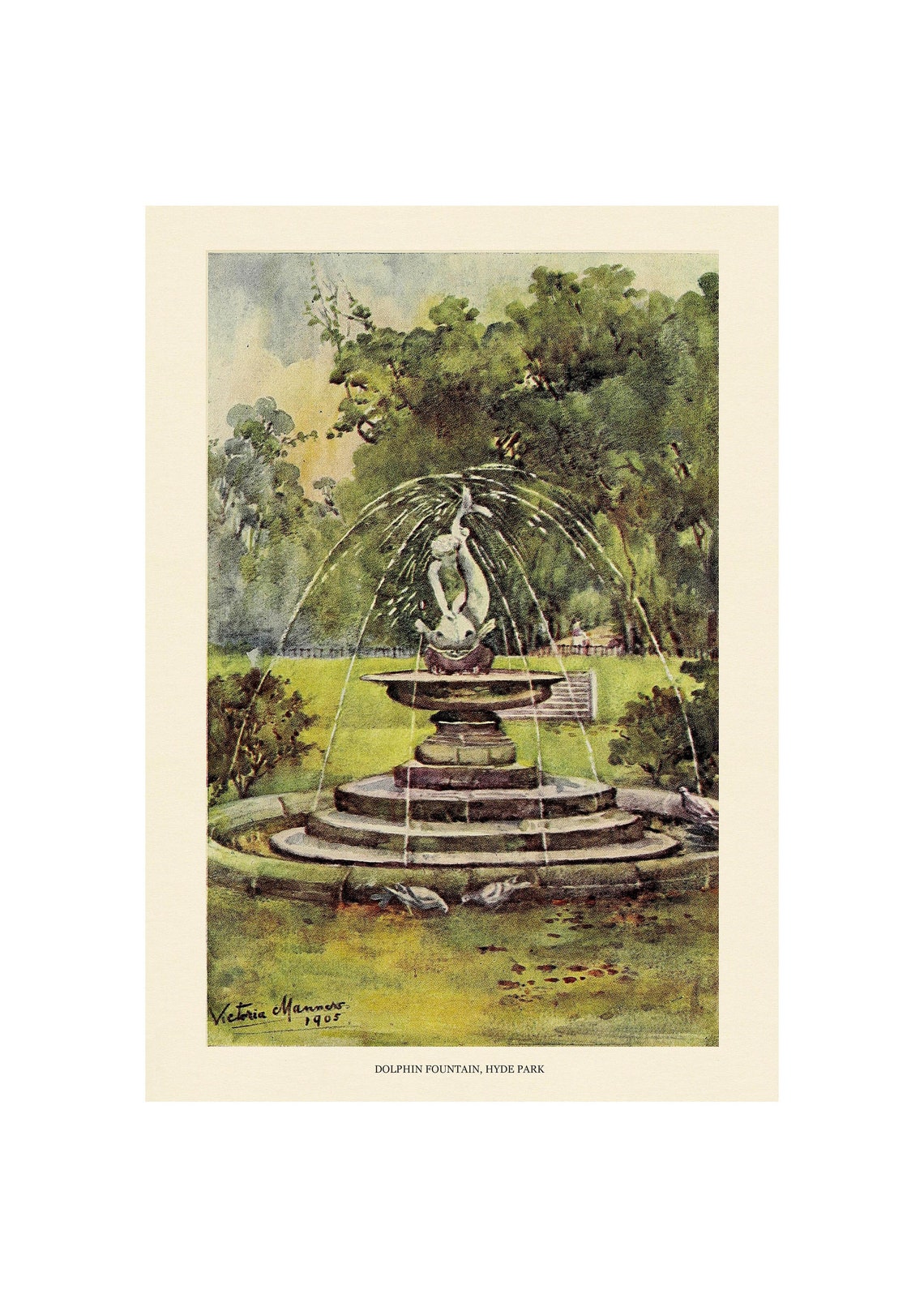 Dolphin Fountain Hyde Park 1905 Vintage London Park Scene Poster