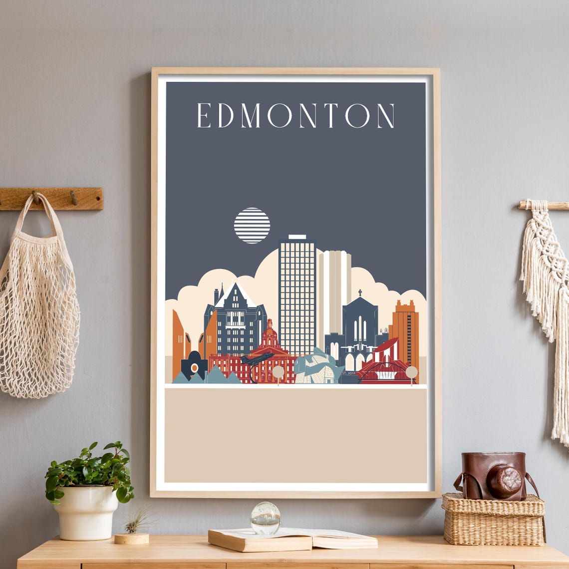 Edmonton Canada Navy Night Skyline Illustration Travel Poster