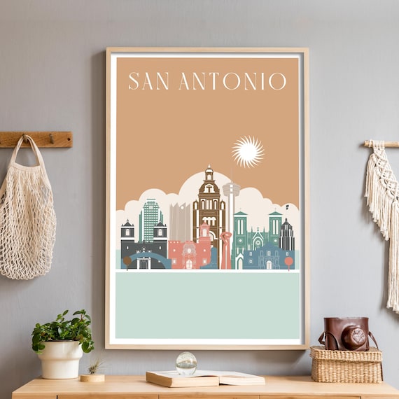 San Antonio Tan Skyline Flat Illustration Texas Cityscape Poster