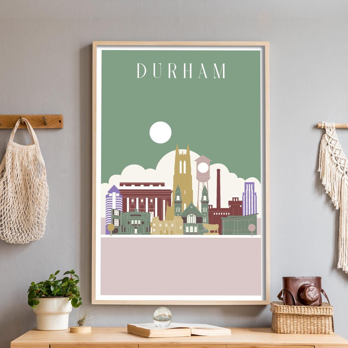 Durham North Carolina Skyline Poster in Sage Green Illustration Art