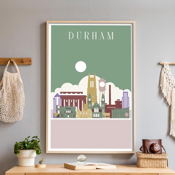 Durham North Carolina Skyline Poster in Sage Green Illustration Art