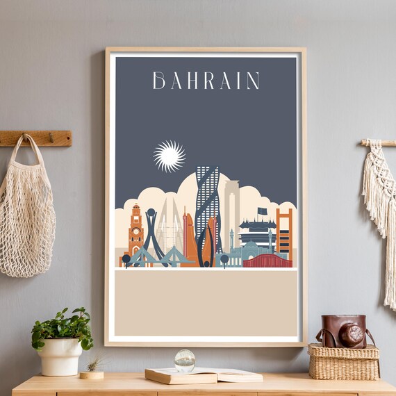 Bahrain Skyline Poster in Navy with Modern Manama Buildings Art