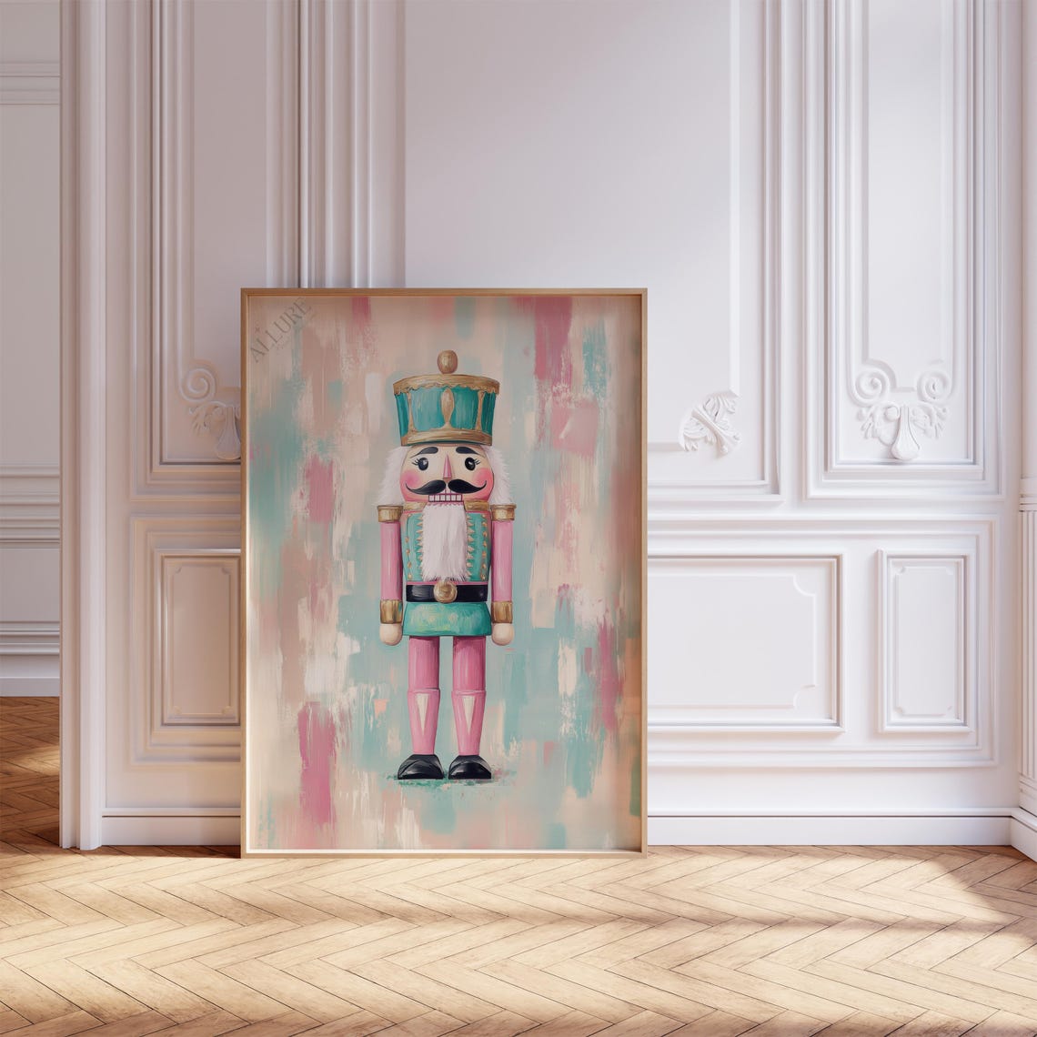 Pastel Pink and Teal Nutcracker Soldier Christmas Painting Poster - Image 2