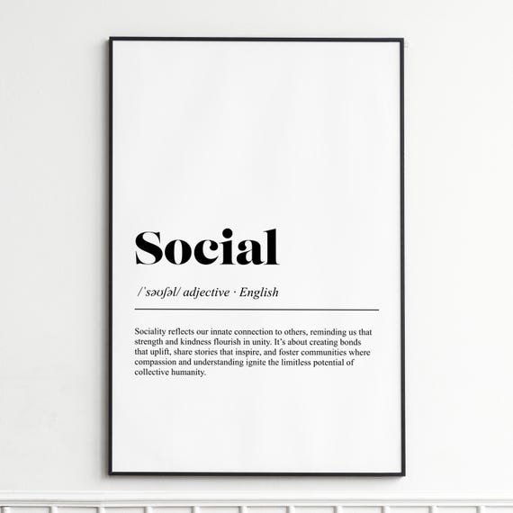 Social Definition Print Inspirational Typography Quote Wall Art Elegant Dictionary Style Decor Home Office